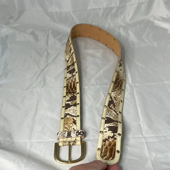 PUNTO FIBBIA Snakeskin Print Genuine Leather Wide Belt Rounded Gold Buckle L - Picture 4 of 10